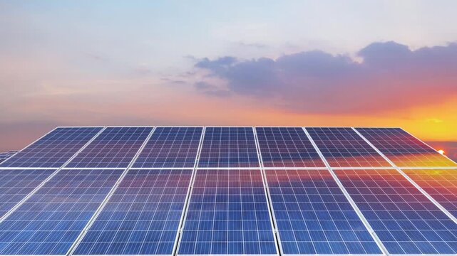 time-lapse of rooftop solar panels at sunrise, capturing golden light and vibrant sky, symbolizing clean energy and sustainable future.