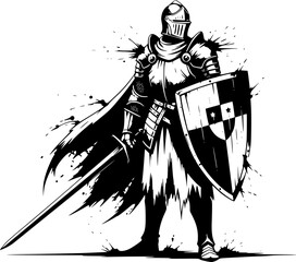 Sumi-e inspired illustration of a fully armored knight in minima
