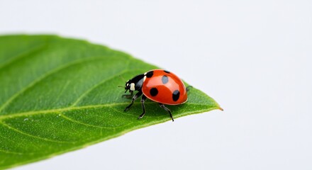赤と黒のコントラストが美しい鮮やかなてんとう虫が瑞々しい緑の葉の上に静かに佇む柔らかな自然光がその小さな体に優しく降り注ぎ表面の輝きを際立たせるシンプルな白い背景が主役の存在感を高め細部までくっきりとした高画質写真. AI Generated