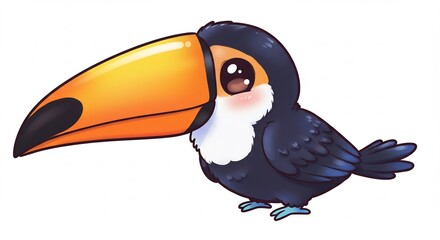 きらきら輝くつぶらな瞳と鮮やかなオレンジ色の大きな嘴がチャームポイントの愛らしくデフォルメされたオオハシのデジタルイラストレーション 白い背景に優しく描かれた親しみやすい雰囲気の癒やし系鳥キャラクター. AI Generated