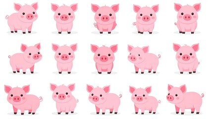 Obraz premium Cute Pink Piglets Collection Adorable Farm Animals Set.