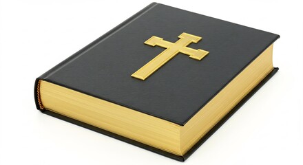 柔らかな光に包まれた黒い本表紙の金色の十字架が神聖な輝きを放ち厳かな美しさを演出. AI Generated