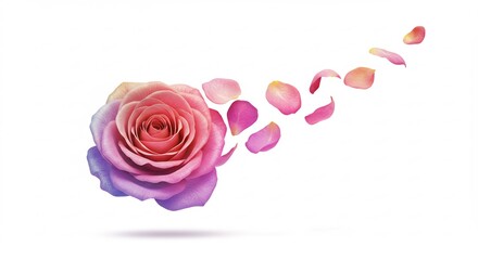 鮮やかなピンクと優雅な紫が溶け合うグラデーションが美しいバラ 純粋な白背景に浮かび上がり 軽やかに宙を舞い散る花びらが紡ぎ出す儚くも幻想的な生命の輝き. AI Generated