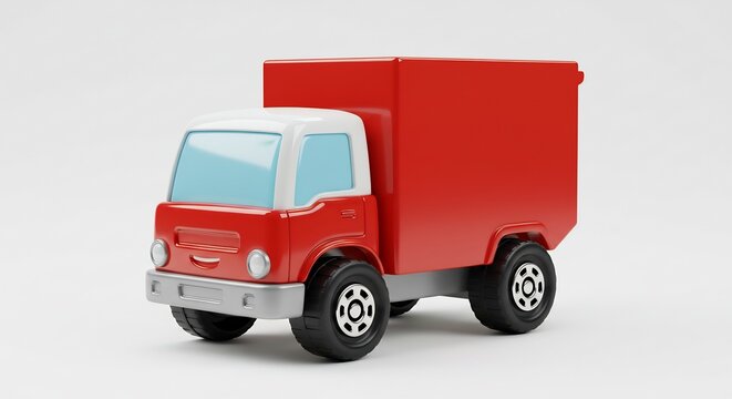 明るく白い背景にシンプルで可愛らしい赤いミニチュアトラックが際立つクリーンなCGイラストレーション. AI Generated