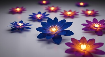 暗闇に浮かび上がる青と紫の蓮の花ライトが暖かく幻想的に輝き心を癒やす静寂な空間を演出する. AI Generated