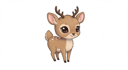 白い背景に大きな瞳が愛らしい可愛い子鹿のイラスト優しく繊細なタッチで描かれた子供向け素材. AI Generated
