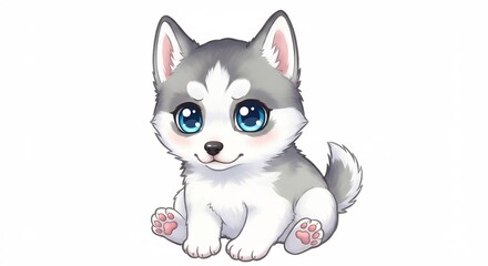 デジタルアートで鮮やかに描かれた愛らしいハスキーの子犬イラストきらきら輝く大きな青い瞳とふわふわの毛並みが特徴で優しく微笑んで座る可愛い姿. AI Generated