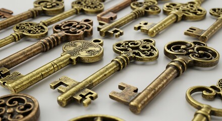 柔らかな光に包まれた真鍮製のアンティークキーが白い背景に美しく散らばる。それぞれの鍵が持つ古き良き時代の物語が静かに輝く魅惑的な集合写真。. AI Generated