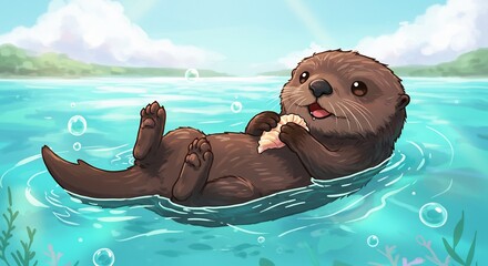透き通った青い水面に仰向けで浮かぶ可愛らしいラッコが小さな獲物を両手で抱え満足そうに味わう姿 ふわふわの毛並みと愛くるしい表情が魅力的な癒やし系イラスト. AI Generated