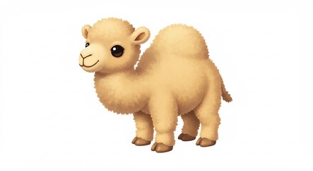 白い背景に立つフワフワで可愛らしいラクダの赤ちゃんイラストレーション 暖かく優しい光がキャラクターの魅力を引き立てる. AI Generated