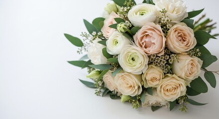 瑞々しい淡いピンクと白のバラが咲き誇るエレガントなブライダルブーケ柔らかな自然光が清潔感ある白い背景に美しく映える. AI Generated