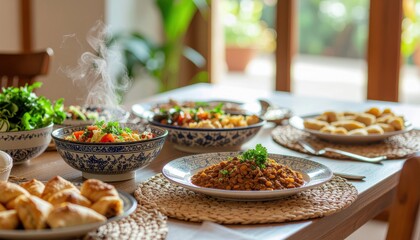 A beautifully set dining table laden with various steaming dishes and appetizers, ready for a delicious meal in a warm, inviting indoor setting.