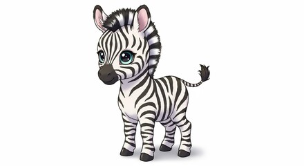 明るい光の中で柔らかく描かれた可愛らしい赤ちゃんシマウマフワフワした毛並みと鮮やかなストライプが際立ち無邪気な表情で大きな青い瞳が優しくまっすぐ見つめる魅力的で清潔感のあるデジタルイラストレーション白い背景. AI Generated
