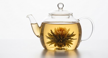 透明なガラス製ティーポットで優雅に花開く工芸茶黄金色に輝くお茶が明るく清潔な光に照らされ心落ち着く美しい瞬間を捉えた一枚. AI Generated