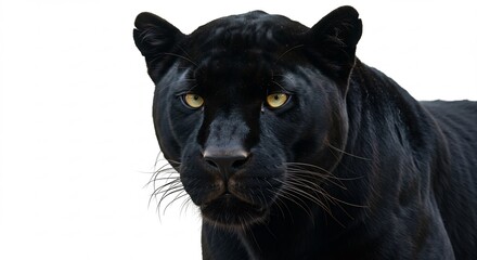 白い背景と力強く対比するクロヒョウの黒い体 鋭く光る黄色い瞳が神秘的な雰囲気を醸し出す. AI Generated