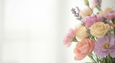 柔らかな自然光が花びらを優しく包み込むような美しいパステルカラーの花束 心を落ち着かせ優雅で穏やかな雰囲気を醸し出す 明るく開放的な背景は広々としたコピースペースを提供. AI Generated