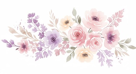 柔らかい光に包まれた淡い水彩の花々が優雅に咲き誇るロマンチックな手描きイラスト. AI Generated