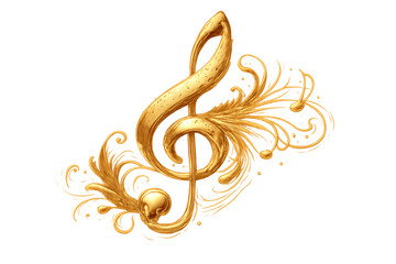 Golden treble clef with ornate scrollwork flourishes, representing classical music, creativity, and artistic elegance