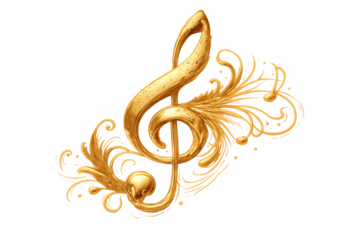 Golden treble clef with ornate scrollwork flourishes, representing classical music, creativity, and artistic elegance