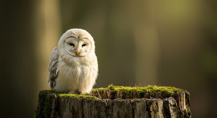 柔らかな陽光が優しく降り注ぎ神秘的に輝く森の奥でフクロウが苔むした切り株に静かに佇むその白い羽毛が温かく光る幻想的な情景. AI Generated