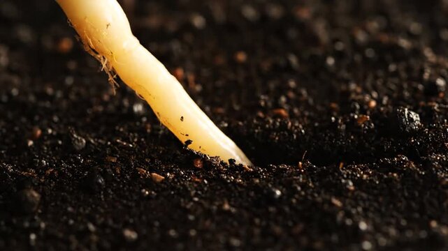Close Up Planting Root in Dark Soil Ground to Promote Growth and Agriculture Success with Natural Lighting and Organic
