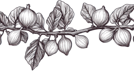 High quality intricate line art illustration of a fig on transparent background