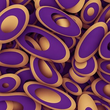 Geometric arrangement featuring purple and gold ellipsoid shapes, smooth finish