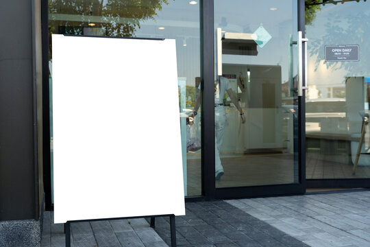 Blank A Frame Sign Mockup in Front of Cafe Entrance with Glass Door and Copy Space