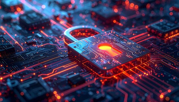 Cybersecurity Lock on Circuit Board - Protecting Digital Information. - Powered by Adobe