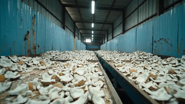 Coconut Pieces Inside an Industrial Structure with Blue Walls Drying and Processing Coconuts for Coconut Products in a