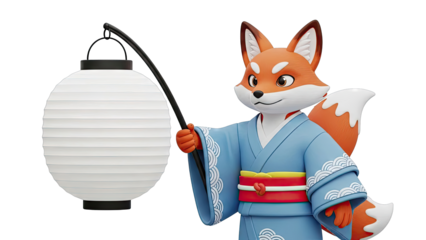 Anthropomorphic Fox in Kimono Holding a Lantern