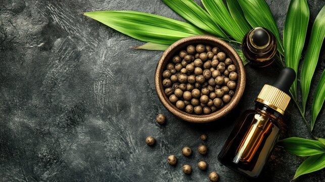 Herbal remedy, aromatherapy oils, dark background, wellness concept - Powered by Adobe