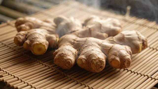 Fresh Ginger Rhizome on Bamboo Mat Under Dim Lighting Cooking and Health Benefits Still Life Raw Ginger Zingiber