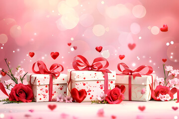 gift boxes heart-patterned paper and red ribbons Valentine Day