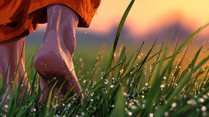 Barefoot monk walks through vibrant village at sunrise, feeling fresh dew on grass beneath his feet