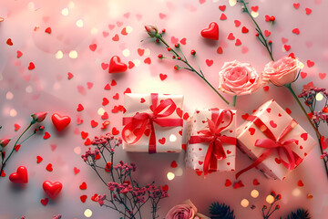 gift boxes heart-patterned paper and red ribbons Valentine Day