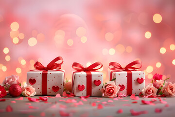 gift boxes heart-patterned paper and red ribbons Valentine Day