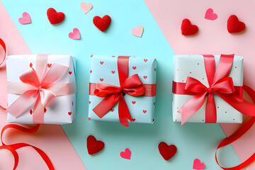 gift boxes with red hearts on colorful pastel background
