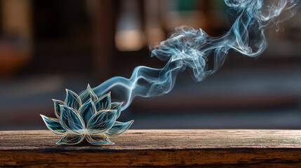 Beautiful lotus flower emits smoke trails in serene temple light, creating tranquil atmosphere that invites reflection and peace