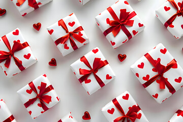 gift boxes wrapped in white paper with red heart patterns
