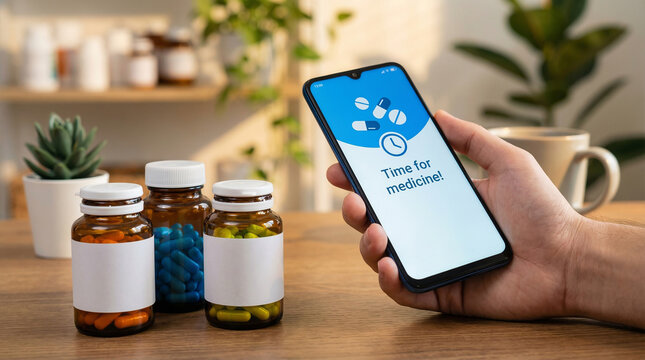 Smartphone alert for daily medication with pill bottles on desk in home setting promoting digital health tracking and pharmaceutical lifestyle awareness - Powered by Adobe