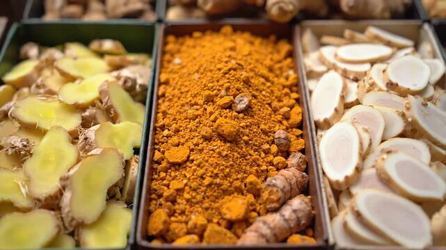Ginger and Turmeric Display: Sliced Ginger and Turmeric Powder and Root in Wooden Trays for Culinary or Herbal