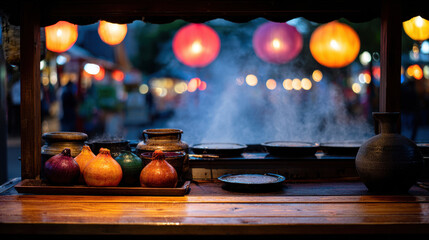 Vibrant teppanyaki station in bustling Chinese market showcases colorful pots and steam rising, creating inviting atmosphere