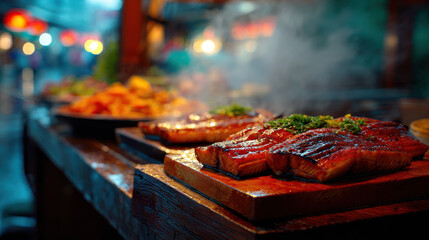 Delicious teppanyaki dishes in vibrant Chinese market create inviting atmosphere filled with rich flavors and aromas