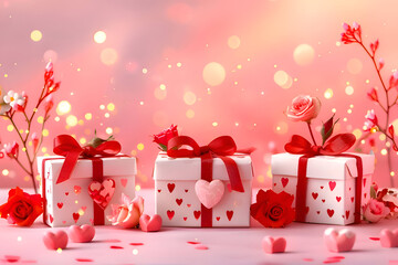 gift boxes heart-patterned paper and red ribbons Valentine Day