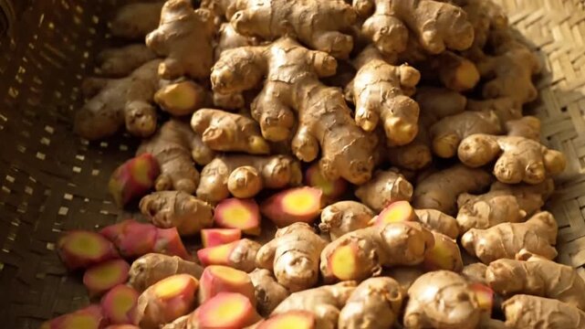 Ginger Roots Piled in Woven Basket with Sliced Segments Close-Up View on Wooden Surface under Natural Lighting. Food