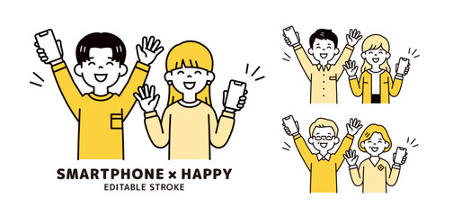 スマホを持って大喜びする、いろいろな年齢のカップル・夫婦の上半身ベクターイラスト素材セット