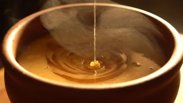 Golden honey pouring into a terra cotta pot with steam rising creating a warm glow in a close-up shot perfect for food