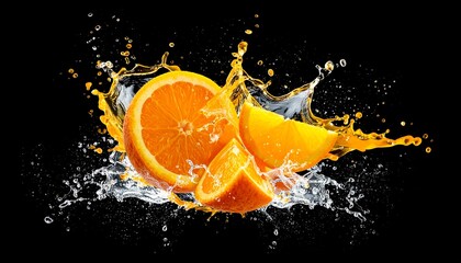 orange juice splash frozen in mid-air, water droplets, 