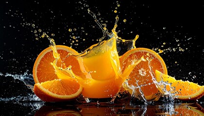 orange juice splash frozen in mid-air, water droplets, 